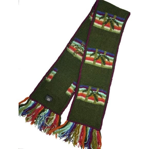 Knit Wool Pocket Scarf Lost Horizons Green Striped Handmade Nepal 9x63 Warm Boho - Picture 2 of 9